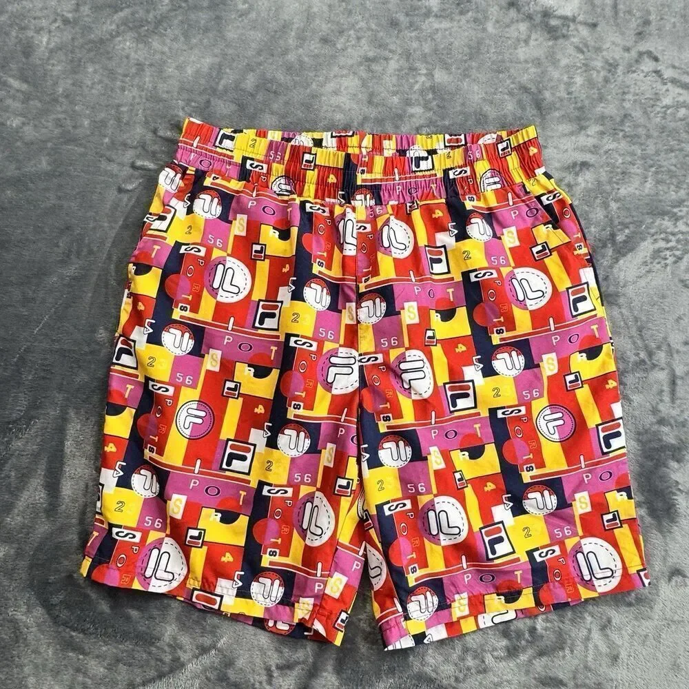 Vintage FILA Sz L Vibrant Geometric All Over Logo SPORT Shorts Swimming Trunks